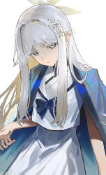  bare_arms blue_archive blue_bow blue_bowtie blue_haori bow bowtie closed_mouth commentary grey_halo hair_ornament halo haori head_tilt highres japanese_clothes long_hair looking_at_viewer nagusa_(blue_archive) sailor_collar shirt sidelocks simple_background skirt untranslatable_commentary white_background white_eyes white_hair white_sailor_collar white_shirt white_skirt wiersa 