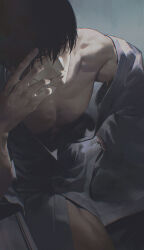  1boy abs absurdres black_eyes black_hair closed_mouth commentary from_above fushiguro_toji grey_background grey_kimono hakama hand_on_own_face highres japanese_clothes jujutsu_kaisen kimono looking_at_viewer male_focus mature_male modare muscular partially_undressed pectorals scar scar_on_face scar_on_lip scar_on_mouth sitting 