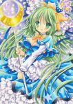  blush bow capelet crescent dress flower frills green_hair hat long_hair marker_(medium) mima open_mouth petals shoukichi_usagi smile solo sparkle staff star sun_(symbol) touhou touhou_(pc-98) traditional_media wizard_hat 