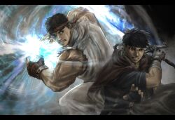  2boys commentary_request fenekia fire_emblem fire_emblem:_path_of_radiance headband highres holding holding_sword holding_weapon ike_(fire_emblem) letterboxed male_focus multiple_boys muscular_arms ryu_(street_fighter) short_hair street_fighter super_smash_bros. sword torn_clothes torn_sleeves weapon 