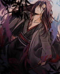  1boy ahoge aura bishounen black_hair black_hanfu blurry blurry_foreground chenqing_flute chinese_clothes closed_mouth coat collarbone dated dizi dutch_angle expressionless flute grandmaster_of_demonic_cultivation grey_coat hair_between_eyes hair_down hair_ribbon half_updo hanfu holding holding_flute holding_instrument instrument leaf limited_palette long_hair long_sleeves looking_at_viewer male_focus official_alternate_costume official_alternate_hairstyle open_clothes open_coat red_eyes red_ribbon red_sash ribbon robe sash solo standing suzuna-log transverse_flute twitter_username very_long_hair wei_wuxian wei_wuxian_(yiling_laozu) wide_sleeves 