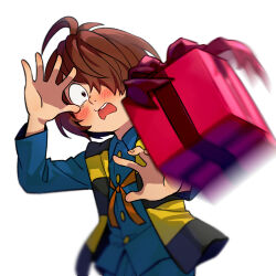  1boy ahoge black_eyes blue_pants blue_shirt blush box brown_hair chanchanko_(clothes) collared_shirt commentary flustered gegege_no_kitarou gift gift_box hair_over_one_eye hand_up highres kitarou looking_at_object male_focus motion_blur one_eye_covered open_mouth pants red_ribbon ribbon shirt short_hair silanduqiaocui simple_background solo standing teeth throwing upper_body upper_teeth_only white_background 