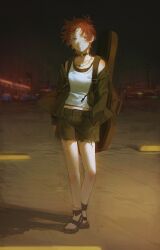  1girl absurdres black_collar black_jacket black_sandals black_shorts blue_eyes collar facing_viewer full_body grin guitar_case hand_in_pocket highres idolmaster idolmaster_million_live! instrument_case jacket jewelry julia_(idolmaster) looking_to_the_side necklace night o-ring_collar open_clothes open_jacket outdoors red_hair sandals short_hair shorts sideways_glance smile solo standing tank_top torn_clothes torn_shorts white_tank_top yatatashira 