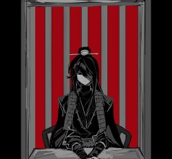  1boy chikyuu_no_ura_(cevio) chinese_clothes closed_mouth coat commentary_request elevator greyscale hanfu highres hong_lu_(project_moon) hongyuan_(identity)_(project_moon) korean_commentary limbus_company long_hair long_sleeves monochrome project_moon puffy_long_sleeves puffy_sleeves sei02080308 sidelocks smile solo stole very_long_hair wrist_wrap xiao_guan_(headdress) 