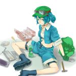  arm_support backpack bag blue_eyes blue_hair boots crop_top dango_ya goggles hair_bobbles hair_ornament hammer kawashiro_nitori key mallet midriff navel open_fly pepsi pepsi_ice_cucumber product_placement screwdriver short_hair shorts sleeves_rolled_up smile solo toolbox tools touhou twintails unzipped wrench 