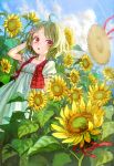  :o adapted_costume ahoge album_cover ama-tou blue_sky cover dress flower green_hair hair_flower hair_ornament hat hat_removed headwear_removed kazami_yuuka looking_at_viewer plaid plaid_vest puffy_sleeves red_eyes ribbon short_hair short_sleeves sky solo straw_hat sundress sunflower touhou vest youkai young 