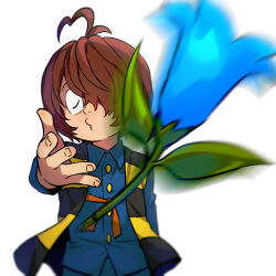  1boy ahoge blue_flower blue_pants blue_shirt brown_hair chanchanko_(clothes) collared_shirt commentary flower gegege_no_kitarou hair_over_one_eye heart heart_ahoge highres incoming_object kitarou leaf male_focus meme motion_blur o3o one_eye_covered outstretched_arm pants shirt short_hair silanduqiaocui simple_background solo standing throwing upper_body white_background woe_plague_be_upon_ye_(meme) 