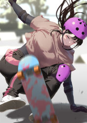  1girl black_gloves black_hair black_pants blurry blurry_background brown_shirt commentary_request gloves helmet jonsun long_hair motion_blur original pants ponytail purple_helmet shirt shoes signature skateboard sneakers solo white_shoes 