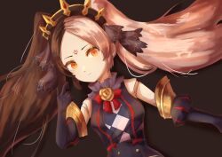  1girl absurdres black_hair breasts chaos_dorloto_(grimms_notes) closed_mouth doll_joints forehead_tattoo grimms_notes hand_up highres joints looking_at_viewer multicolored_hair pink_hair red_eyes red_tattoo shadow solo spiked_tiara split-color_hair tattoo twintails upper_body user_tzfx4234 