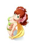  arched_back asahina_yurina barefoot bikini blush bow breasts character_request cleavage frilled_bikini frills from_above green_eyes hair_bow hairu light_smile looking_at_viewer looking_up red_hair shiny shiny_skin simple_background smile solo source_request standing super_real_mahjong super_real_mahjong_p7 swimsuit towel twintails white_background 