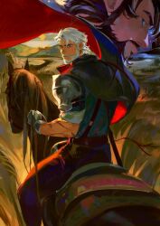  2boys armor beard black_hair blue_cape cape closed_mouth english_commentary facial_hair grey_hair happy20772 highres holding holding_reins horse igor_(reverse:1999) ivan_(reverse:1999) looking_at_viewer looking_back male_focus multiple_boys reins reverse:1999 riding shoulder_armor wheat_field 