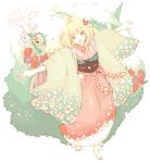  ao_no_exorcist barefoot blonde_hair blush bob_cut flower grass haori japanese_clothes kimono moriyama_shiemi naru_co plant short_hair smile 