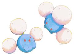  :3 akira_a_a closed_mouth commentary_request eye_contact highres jumpluff looking_at_another open_mouth pokemon pokemon_(creature) pokemon_focus red_eyes signature simple_background sprout sprout_on_head white_background 