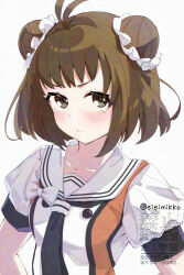  1girl antenna_hair bow breasts brown_eyes brown_hair collarbone commentary_request double_bun hair_bun kantai_collection looking_at_viewer naka_(kancolle) puffy_short_sleeves puffy_sleeves sailor_collar short_hair short_sleeves simple_background single_tear solo totoppo upper_body white_background white_bow white_sailor_collar 