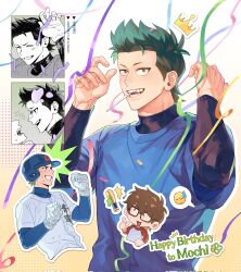  1boy ace_of_diamond baseball_helmet baseball_uniform blue_shirt brown_eyes chibi chibi_inset commentary_request dated fang gloves green_hair happy_birthday helmet highres kuramochi_youichi layered_sleeves long_sleeves male_focus miyuki_kazuya multiple_views outline shirt short_over_long_sleeves short_sleeves sideburns spoken_emoji sportswear streamers teeth upper_body white_gloves white_outline zechengm19 