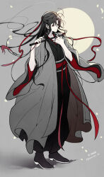  1boy ahoge artist_name black_boots black_hair black_hanfu boots chenqing_flute chinese_clothes closed_mouth coat commentary_request dizi floating_hair flute flute_tassel full_body full_moon geraniumjs grandmaster_of_demonic_cultivation grey_background grey_coat hair_down hair_ribbon half_updo hanfu highres holding holding_flute holding_instrument instrument long_hair long_sleeves looking_at_viewer male_focus moon official_alternate_costume official_alternate_hairstyle open_clothes open_coat red_eyes red_ribbon red_sash ribbon robe sash sidelocks solo standing tassel transverse_flute twitter_username wei_wuxian wei_wuxian_(yiling_laozu) wide_sleeves 