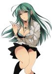  asuna_(i_luv) bad_id bra breast_squeeze breasts cleavage frown green_eyes green_hair jewelry large_breasts long_hair necklace open_clothes open_shirt original pleated_skirt skirt solo thighs underwear white_background 