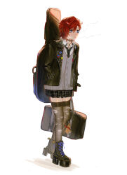  1girl absurdres animal_charm badge bag black_bag black_boots black_collar black_jacket black_necktie black_skirt black_thighhighs blue_eyes blush boots button_badge cardigan charm_(object) closed_mouth collar collared_shirt earrings full_body grey_cardigan guitar_case hand_in_pocket highres holding holding_bag idolmaster idolmaster_million_live! instrument_case jacket jewelry julia_(idolmaster) leather leather_jacket looking_ahead miniskirt necklace necktie open_clothes open_jacket platform_boots pleated_skirt red_hair shirt short_hair simple_background skirt solo standing star_(symbol) star_necklace thigh-highs torn_clothes torn_thighhighs white_background yatatashira 
