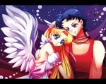  1girl 2010 angel_wings bare_shoulders bishoujo_senshi_sailor_moon black_hair blonde_hair blue_eyes bow dress earrings hair_bow hair_bun jewelry letterboxed long_hair ponytail puffy_sleeves sasori_(pixiv920534) seiya_kou shirt smile tsukino_usagi twintails wings 