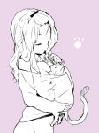  blonde_hair bottomless cat closed_eyes copyright_request cuteg hair hands monochrome naked_shirt no_panties smile solo 