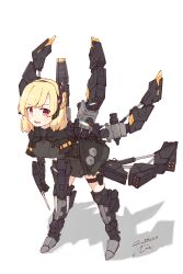  1girl :d absurdres armored_boots blonde_hair boots braid breasts commentary_request fang highres jacket leaning_forward mecha_musume missile_pod original ouba_itsuki red_eyes skirt smile thigh_strap weapon white_background 