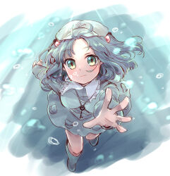  1girl aqua_boots aqua_shirt aqua_skirt backpack bag beads blush boots bubble commentary_request frilled_shirt_collar frills green_eyes green_hat hair_beads hair_ornament hat highres jewelry kawashiro_nitori key key_necklace kuromame_(8gou) light_rays light_smile long_sleeves looking_at_viewer medium_hair necklace outstretched_arms pocket shirt skirt solo sunbeam sunlight swimming touhou two_side_up underwater 