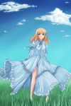  1girl ahoge blonde_hair bow cloud clouds dress fate/stay_night fate_(series) frills full_body grass green_eyes hair_down highres ladymarta saber sky solo 