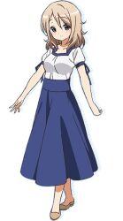  1girl aoyama_blue_mountain blonde_hair blue_eyes blue_ribbon blue_skirt breasts brown_shoes collarbone full_body gochuumon_wa_usagi_desu_ka? loafers long_skirt looking_at_viewer official_art ribbon shirt shoes short_sleeves simple_background skirt sleeve_ribbon smile solo square_neckline standing transparent_background white_shirt 