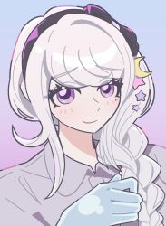  1girl black_bow black_hairband blue_background blue_gloves bow braid commentary crescent doctor emnide english_commentary gloves gradient_background grey_hair hair_bow hair_ornament hairband hairclip kirifuji_nozomi light_smile long_hair mole mole_under_eye moon multiple_hairclips purple_background shirt smile star_(symbol) the_hundred_line_-last_defense_academy- violet_eyes white_hair white_shirt 