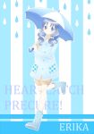  blue_background blue_eyes blue_hair boots character_name heartcatch_precure! highres kagami_chihiro kurumi_erika long_hair precure rain raincoat ribbon shorts solo title_drop umbrella 