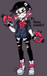  1girl :3 arrow_(symbol) black_hair black_pants black_shirt blunt_bangs blush boots bow cio_(ciosui) closed_mouth collared_shirt commentary dual_wielding english_commentary english_text eyebrow_cut fang fingernails full_body gradient_hair grey_background hair_ornament highres holding holding_weapon inkling inkling_girl inkling_player_character multicolored_hair pants pink_bow pointy_ears red_eyes red_har shirt shoelaces short_hair simple_background skull_hair_ornament smile solo splatoon_(series) standing tentacle_hair thick_eyebrows torn_clothes torn_pants weapon weapon_request white_boots 