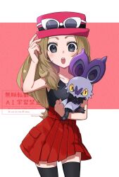  1girl :o black_shirt black_thighhighs bracelet brown_hair collarbone collared_shirt commentary cowboy_shot eyelashes eyewear_on_headwear grey_eyes hat holding holding_pokemon jewelry long_hair looking_at_viewer noibat open_mouth pleated_skirt pokemon pokemon_(creature) pokemon_x_and_y red_skirt serena_(pokemon) shirt skirt sleeveless sleeveless_shirt sunglasses teeth thigh-highs toi_(nisanrei121) twitter_username untranslatable_commentary upper_teeth_only watermark 