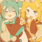  2girls animal_ears bad_id blonde_hair cat_ears cat_tail closed_eyes detached_sleeves fang food green_hair hair_ornament hairclip hatsune_miku kagamine_rin multiple_girls necktie open_mouth tail taiyaki vocaloid wagashi 