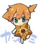  1girl aqua_eyes character_name chibi kasumi_(pokemon) nakamura_sandayo orange_hair pokemon pokemon_(creature) rough side_ponytail simple_background solo staryu white_background 