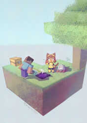  1girl 2boys :d animal_ears blue_shirt breasts brown_hair bucket cat_ears cat_girl cat_tail cobblestone_generator commentary dress english_commentary furry furry_female gameoverse goggles goggles_on_head highres holding holding_bucket kaboodle_(gameoverse) kit_bodega looking_at_viewer minecraft multiple_boys obsidian_(gemstone) obsidian_rock open_mouth pants purple_pants sesamin_(sesamin_333) shirt signature skyblock smile steve_(minecraft) tail treasure_chest tree twitter_username v violet_eyes water whiskers yellow_dress yellow_gauntlets 