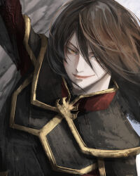  1girl absurdres arm_up armor artist_name avatar:_the_last_airbender avatar_legends azula brown_hair commentary english_commentary floating_hair hair_over_one_eye highres long_hair looking_at_viewer sleemonkv smirk solo upper_body yellow_eyes yellow_trim 