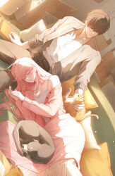  1boy 1girl belt black_hair black_pants blanket blush book buttons cat closed_eyes closed_mouth collared_shirt commentary_request couch couple cup dog grey_jacket happy highres indoors jacket jewelry lap_pillow leaf light_particles living_room long_hair lying mug necklace on_couch on_side original pants parted_lips petting pillow pink_hair pink_sweater pleated_skirt ring shirt short_hair single_bare_shoulder single_off_shoulder sitting skirt smile spaghetti_strap sunlight sweater table teeth tile_floor tiles violet_eyes white_shirt white_skirt yuhaw0v0 