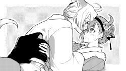  2girls animal_ears blush commentary_request eye_contact flower fox_ears fox_girl fox_tail gksrnrdmlaksu greyscale gundam gundam_suisei_no_majo hair_flower hair_ornament hair_up hand_on_another's_shoulder hand_on_another's_waist highres japanese_clothes kemonomimi_mode kimono korean_commentary looking_at_another miorine_rembran monochrome multiple_girls obi parted_lips raccoon_ears sash suletta_mercury tail thick_eyebrows yuri 