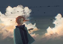  1boy bird blue_hoodie blue_jacket closed_mouth clouds cloudy_sky commentary_request ensemble_stars! expressionless green_eyes highres hood hoodie jacket open_clothes open_jacket orange_hair outdoors ponytail rrubo_o school_uniform short_hair side_ponytail sky solo solo_focus too_many too_many_birds tsukinaga_leo wind yumenosaki_school_uniform 
