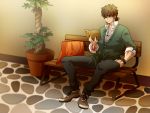  1boy akei bench black_eyes blurry book brown_hair casual command_spell depth_of_field fate/zero fate_(series) hand_in_pocket kotomine_kirei plant potted_plant reading shoes sitting sneakers solo sweater 