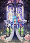  angel angel_wings blue_hair church cross dress flower food fruit hair_ornament halo hands_together hinanawi_tenshi long_hair nanashina peach red_eyes robe rose solo stained_glass touhou wings 