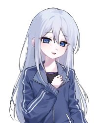  1girl arm_at_side black_shirt blue_eyes blue_jacket blush commentary dot_nose grey_hair hair_between_eyes hand_up highres jacket kk0ok9 long_hair long_sleeves looking_at_viewer parted_lips partially_unzipped project_sekai shirt sidelocks simple_background smile solo straight_hair track_jacket untranslatable_commentary upper_body very_long_hair white_background yoisaki_kanade 
