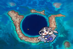 1girl 1other atoll belize bing_huyue blush_stickers chest_jewel chibi commentary english_commentary falling gem gem_hair_ornament great_blue_hole hair_flaps hand_jewel highres hololive hololive_english island koseki_bijou lagoon long_hair midair ocean open_mouth pebble_(koseki_bijou) purple_gem purple_hair purple_shoes real_world_location school_swimsuit shoes skydive swimsuit tiara very_long_hair violet_eyes virtual_youtuber