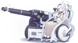 arm_up beige_jacket beige_skirt big_gun black_gloves black_hairband black_halo black_shirt black_shoes blue_archive buttons coat flower flower_halo gloves gun hair_intakes hair_ornament hair_tubes hairband halo hand_on_own_leg himari_(blue_archive) holding holding_camera jacket legs_together long_hair long_skirt long_sleeves millet_pepper missile one_eye_closed open_clothes open_jacket orange_halo pointy_ears powered_wheelchair purple_hair shoes shooter sidelocks sitting smile socks tagme two-tone_halo undershirt violet_eyes wheel wheelchair white_shirt white_socks