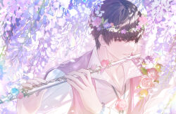  1boy black_hair blue_flower bug butterfly collarbone commentary_request flower flower_wreath flute grey_vest highres holding holding_flute holding_instrument instrument looking_ahead love_and_producer male_focus outdoors parted_lips pink_butterfly pink_flower playing_flute playing_instrument shirt short_hair solo teeth tree upper_body vest violet_eyes white_flower white_shirt xu_mo yuhaw0v0 