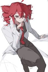  black_eyes coat commentary_request doctor drill_hair highres holding holding_syringe igaku_(utau) kasane_teto lab_coat looking_at_viewer nail_polish necktie red_hair red_necktie rui_60 smile syringe twin_drills white_background white_coat 