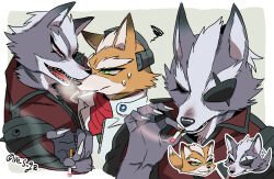  2boys animal_ears annoyed artist_name chibi claws closed_eyes commentary_request eyepatch facial_mark fangs fox_boy fox_ears fox_mccloud furry furry_male green_eyes looking_at_another m_s_gz male_focus multiple_boys open_mouth red_eyes smile smoke smoking squiggle star_(symbol) star_facial_mark starlink:_battle_for_atlas sweatdrop twitter_username wolf_boy wolf_ears wolf_o'donnell 
