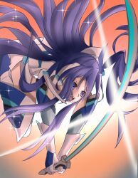  1girl blue_hair commentary_request detached_sleeves feet_out_of_frame glint gloves gradient_background hair_between_eyes headset high_side_ponytail highres holding holding_sword holding_weapon kazanari_tsubasa long_hair long_sidelocks open_mouth orange_background senki_zesshou_symphogear shouting side_ponytail sidelocks simple_background slashing solo sparkle sword tsurime user_cfez7432 v-shaped_eyebrows very_long_hair very_long_sidelocks violet_eyes weapon white_gloves 