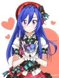  1girl blue_hair blunt_ends bob_cut bow bowtie closed_mouth collar commentary_request cowboy_shot dot_mouth double-parted_bangs dress floating_hair frilled_collar frilled_gloves frills gloves hair_between_eyes heart kazanari_tsubasa long_hair looking_at_viewer pink_background plaid_clothes plaid_dress puffy_short_sleeves puffy_sleeves senki_zesshou_symphogear short_sleeves simple_background solo tokiya_konomi two-tone_background upper_body violet_eyes white_background white_gloves 