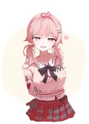 1girl :d ahoge arms_behind_back black_bow black_ribbon bow commentary_request hair_intakes hair_ornament hairclip heart heart_ahoge highres looking_at_viewer mygomiee open_mouth pink_hair pink_sweater plaid plaid_skirt pleated_skirt red_skirt ribbon skirt solo streaked_hair sweater teeth twintails